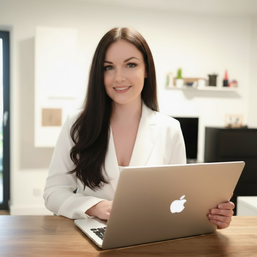 Jenny arbeitet am Laptop